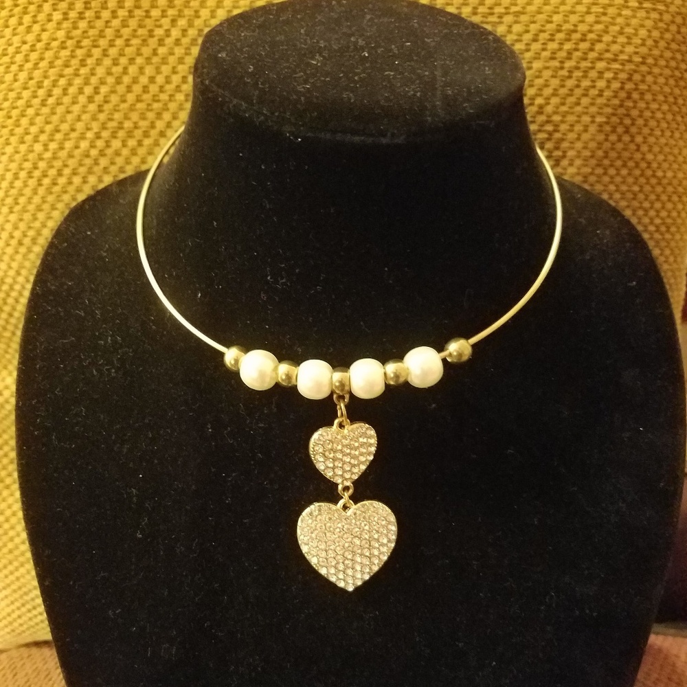 Gold & Pearl Necklace with Cubic Zirconia Hearts